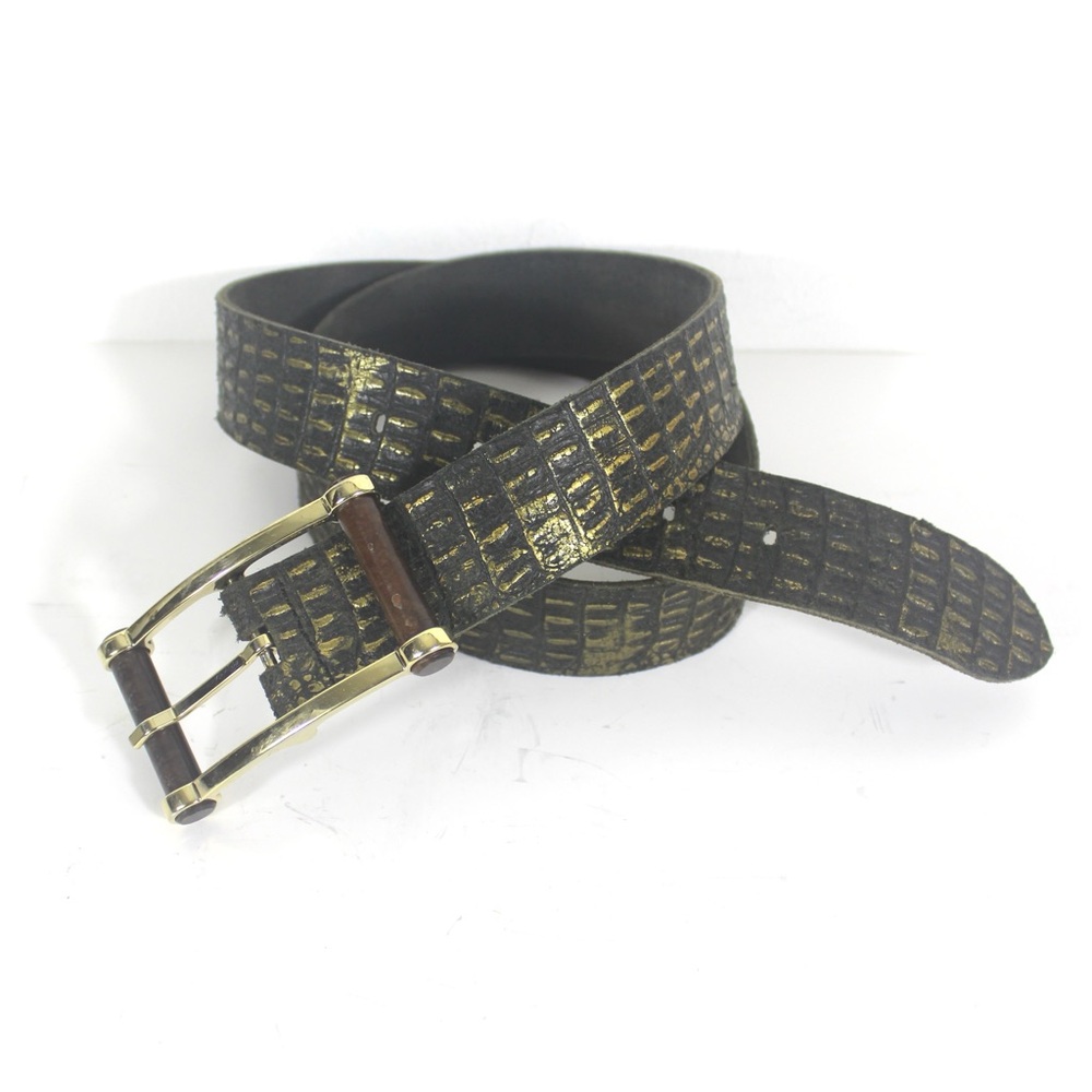 Italian Gray Green Croc Embossed Leather Belt with Gold Paint and Brass and Wood